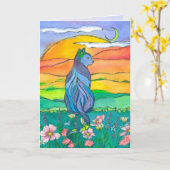 Carte Bleu Chat Joyeux anniversaire (Fleur jaune)