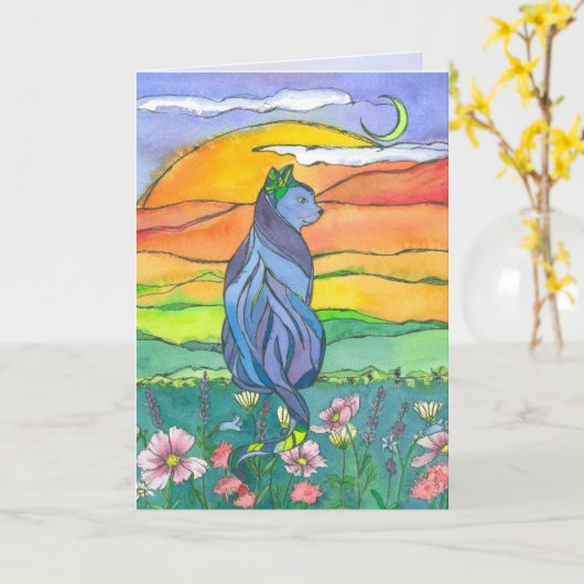 Carte Bleu Chat Joyeux anniversaire (Fleur jaune)