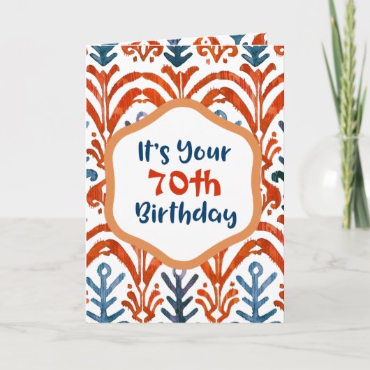 Carte Bleu clair Orange Tribal Ikat 70e anniversaire (Devant)
