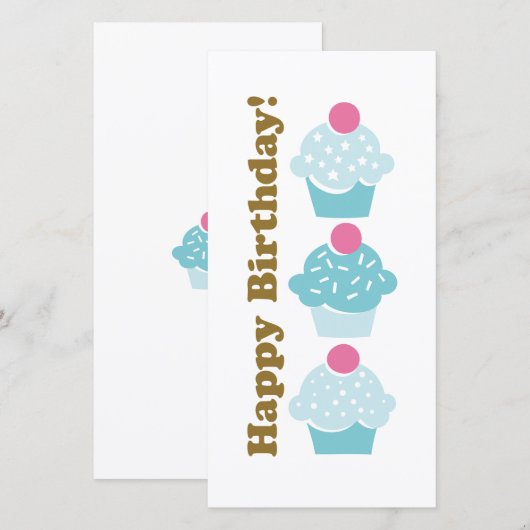 Carte Bleu Cupcake Anniversaire (Devant / Derrière)
