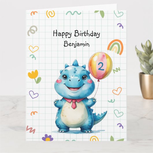 Carte Bleu Cute Dinosaur Balloon garçon fête d'anniversa (Petite plante)