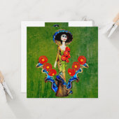 Carte Bleu doré antique Catrina sur fond vert délavé Boh (Devant/Arrière en situation)