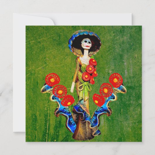 Carte Bleu Doré Antique Catrina sur Vert Lavé Boho (Devant)