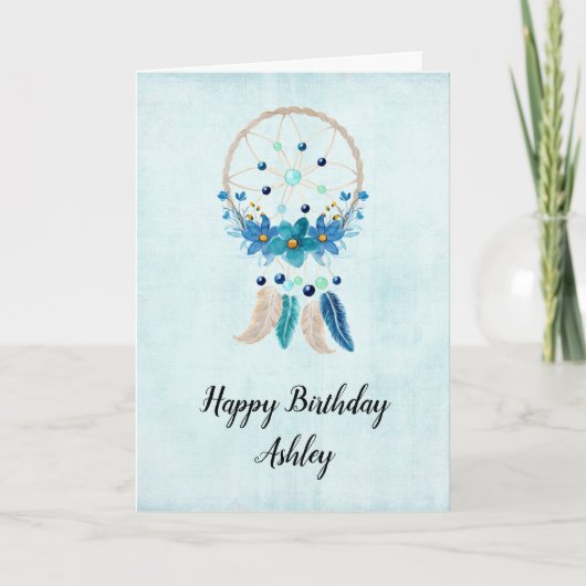 Carte Bleu Dreamcatcher avec Fleurs & Plumes Anniversair (Devant)