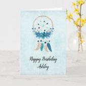 Carte Bleu Dreamcatcher avec Fleurs & Plumes Anniversair (Fleur jaune)