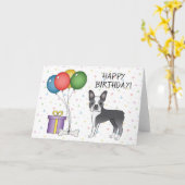 Carte Bleu Et Blanc Boston Terrier Chien Joyeux Annivers (Fleur jaune)