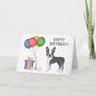 Carte Bleu Et Blanc Boston Terrier Chien Joyeux Annivers