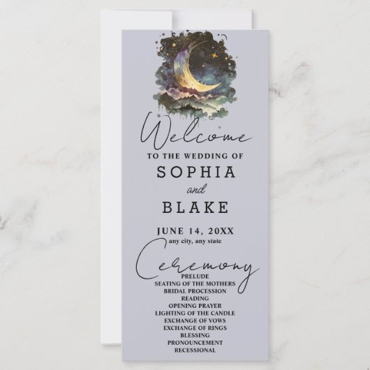 Carte Bleu et or Croissant Lune étoiles Nuages Mariage (Devant)