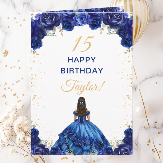 Carte Bleu foncé princesse Floral Joyeux anniversaire
