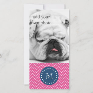 Carte Bleu Marine, Motif Chevron Rose Chaud, Votre Monog