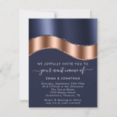 Carte Bleu Marine Rose Gold Bordure Vague QR Code Mariag (Devant)