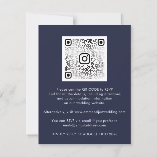 Carte Bleu Marine Rose Gold Bordure Vague QR Code Mariag (Dos)