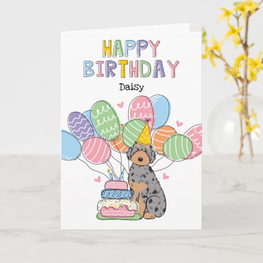 Carte Bleu Merle Tan Aussiedoodle Chien Joyeux Anniversa (Fleur jaune)