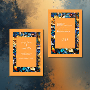 Carte Bleu & Or Floral Vitrail Mariage élégant