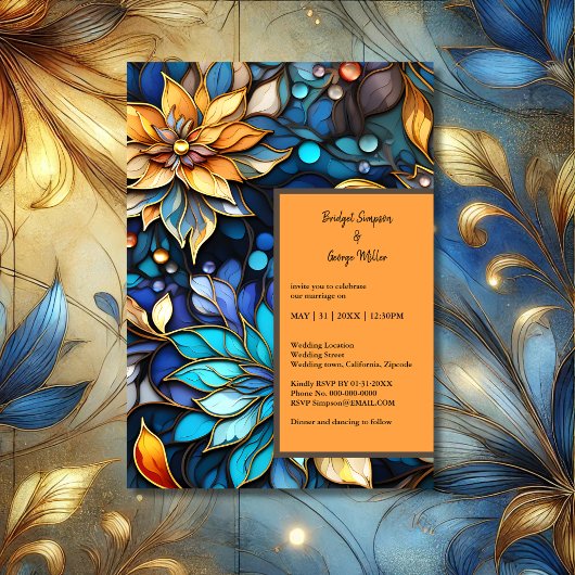 Carte Bleu & Or Floral Vitrail Mariage élégant
