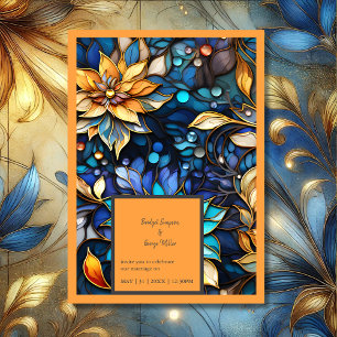 Carte Bleu & Or Floral Vitrail Mariage élégant