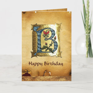 Carte BLEU OR LETTRE B AVEC FLEURS MONOGRAMME Anniversai