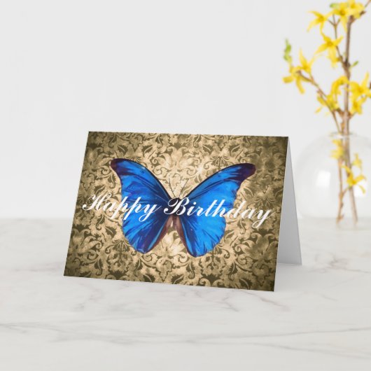 Carte Bleu papillon damask Joyeux anniversaire art Vinta (Fleur jaune)