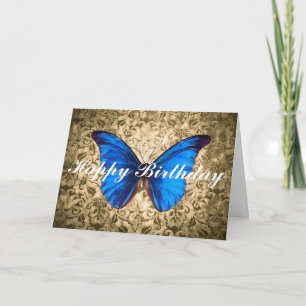 Carte Bleu papillon damask Joyeux anniversaire art Vinta