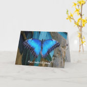 Carte Bleu papillon Morpho anniversaire (Fleur jaune)