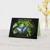 Carte Bleu papillon Morpho Joyeux anniversaire (Fleur jaune)