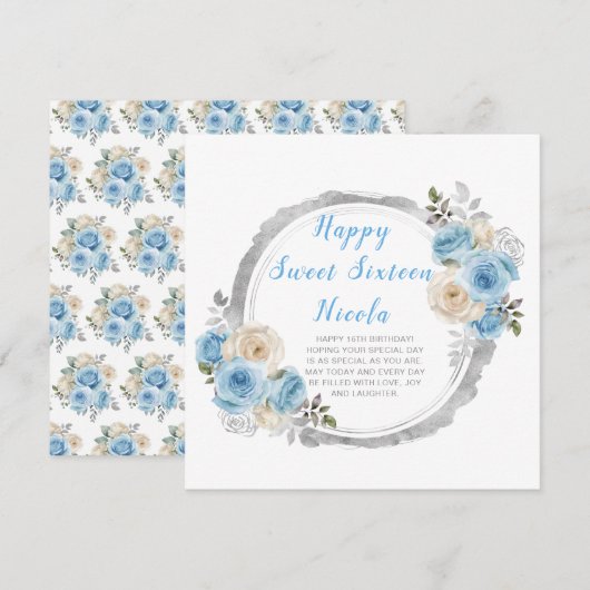 Carte Bleu Poussiéreux Fleurs Élégantes Argent Sweet Six (Devant / Derrière)