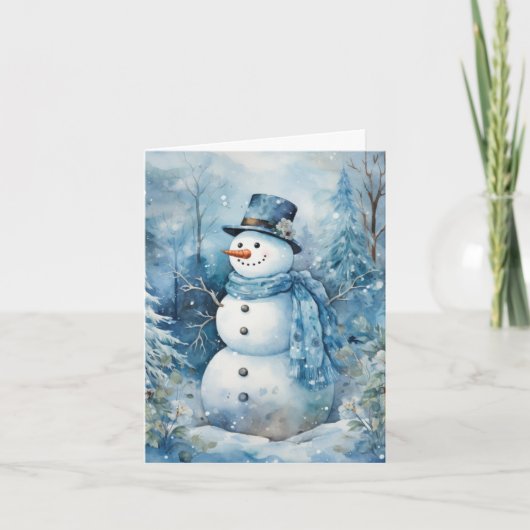 Carte Bleu Snowman mignon Casquette & Fleurs d'Écharpe A (Devant)