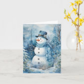 Carte Bleu Snowman mignon Casquette & Fleurs d'Écharpe A (Fleur jaune)