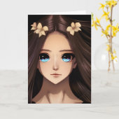 Carte Bleu teint Brunette Anime Fille Anniversaire (Fleur jaune)