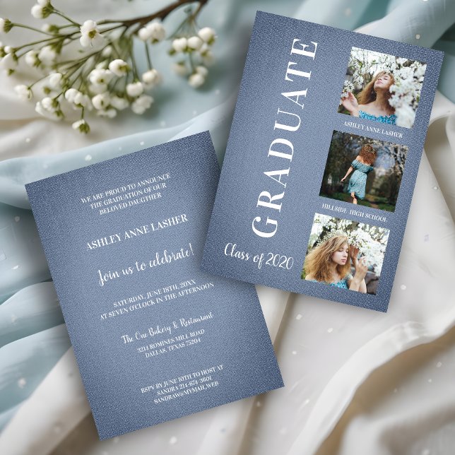 Carte Bleu Textile Graduation Trois séances photo (Blue Modern Three Photos Graduation Card with Fabric Texture.)