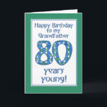 Carte Bleu, Vert, Blanc 80e anniversaire grand-père<br><div class="desc">Une élégante carte d'anniversaire 80e pour un grand-père, avec le numéro 80 fait à partir d'un collage de papier peint à la main, en bleu, vert et blanc, en coordination avec le lettrage et la bordure de la carte. N'oubliez pas que vous pouvez facilement customiser l'intérieur de cette carte d'anniversaire...</div>