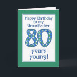 Carte Bleu, Vert, Blanc 80e anniversaire grand-père<br><div class="desc">Une élégante carte d'anniversaire 80e pour un grand-père, avec le numéro 80 fait à partir d'un collage de papier peint à la main, en bleu, vert et blanc, en coordination avec le lettrage et la bordure de la carte. N'oubliez pas que vous pouvez facilement customiser l'intérieur de cette carte d'anniversaire...</div>