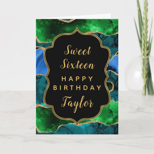 Carte Bleu Vert Peacock Agate Sweet 16 Joyeux anniversai (Devant)