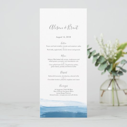 Carte bleue de menu ou de programme de mariage (Debout devant)