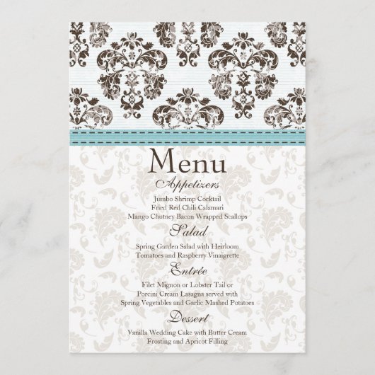 Carte bleue et Brown de menu de mariage damassé (Devant)