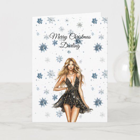Carte Blond Black Dress Snowflakes Christmas (Devant)