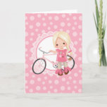 Carte Blonde Bicycle Girl<br><div class="desc">This desobjets a cute blonde girl with her pink bicycle. On pink and white cute scallop accent background.</div>
