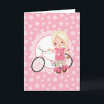 Carte Blonde Bicycle Girl<br><div class="desc">This desobjets a cute blonde girl with her pink bicycle. On pink and white cute scallop accent background.</div>