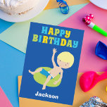 Carte Blonde Boy Swimmer Custom Kids Joyeux anniversaire<br><div class="desc">Belle fête de piscine pour enfants Bonne carte d'anniversaire pour un enfant blonde dans l'équipe de natation pendant l'été. Il est décoré d'une pop de couleurs éclatante et amusante,  et d'un garçon cool nageant dans un tube intérieur. Personnaliser pour un cadeau spécial pour enfants.</div>