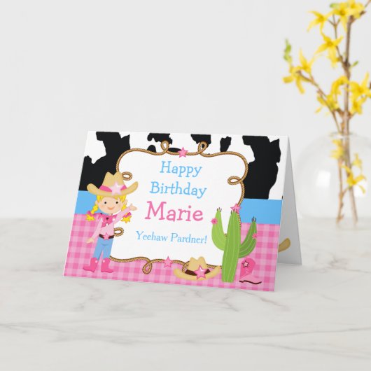 Carte Blonde Cowgirl Western fête d'anniversaire (Fleur jaune)