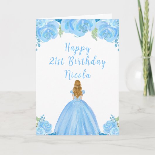 Carte Blonde Hair Princess Blue Floral Anniversaire (Devant)
