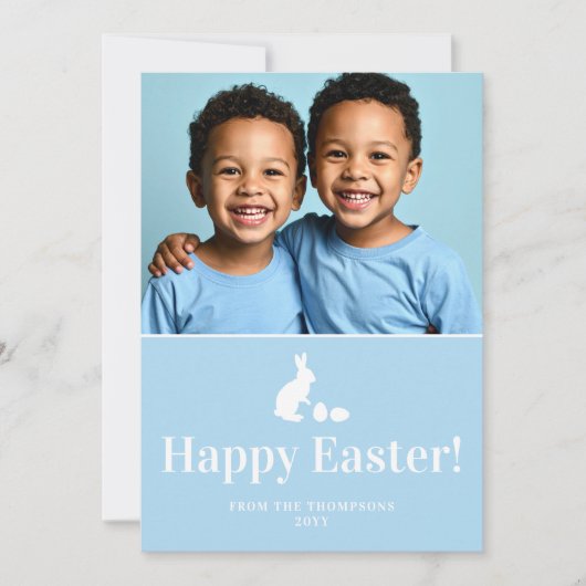 Carte Blue And White Bunny With Custom Photo Easter (Devant)