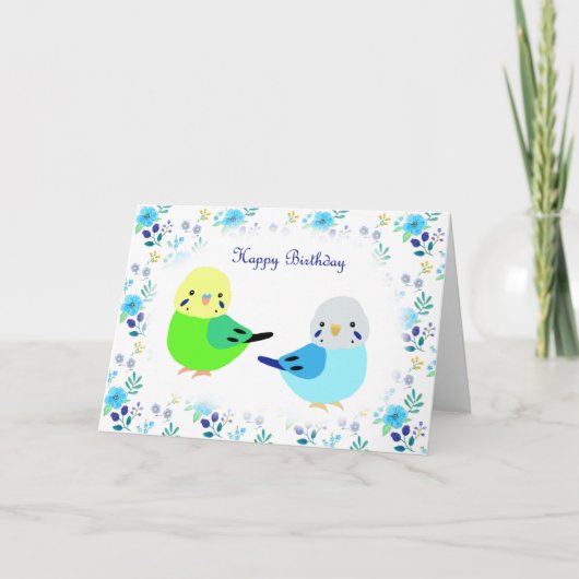 Carte Blue Budgie Green Budgie Floral Joyeux anniversair (Devant)
