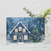 Carte Blue Christmas Snow Winter Scene House (Debout devant)
