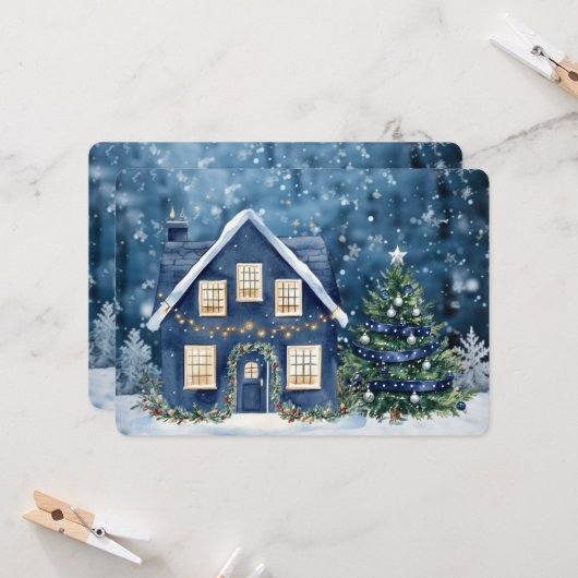 Carte Blue Christmas Snow Winter Scene House (Devant/Arrière en situation)
