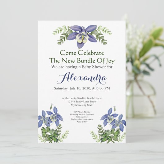 Carte Blue columbine Floral Baby Boy Douche (Debout devant)