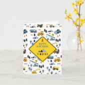 Carte Blue Construction Camions & Site Thème Anniversair (Fleur jaune)