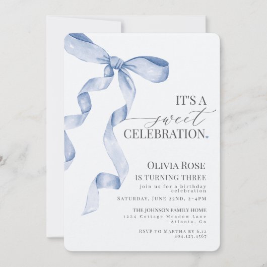 Carte Blue Coquette Bow Girl Anniversaire Fête Invitatio (Devant)