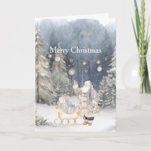 Carte Blue Cream Santa Snow Christmas Trees (Devant)