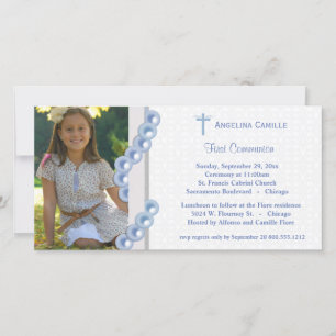 Carte Blue Damask Pearls First Communion Photo Invitatio